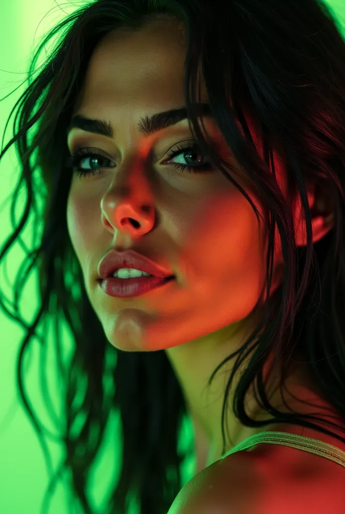 Close-up portrait of Cecilia No Rules smirking with her head slightly tilted, the smile is suggestive but clear, she is smiling naturally. Long messy hair, with neon green highlights, confident look. Dim tungsten light, soft reflections on her skin. Editor...