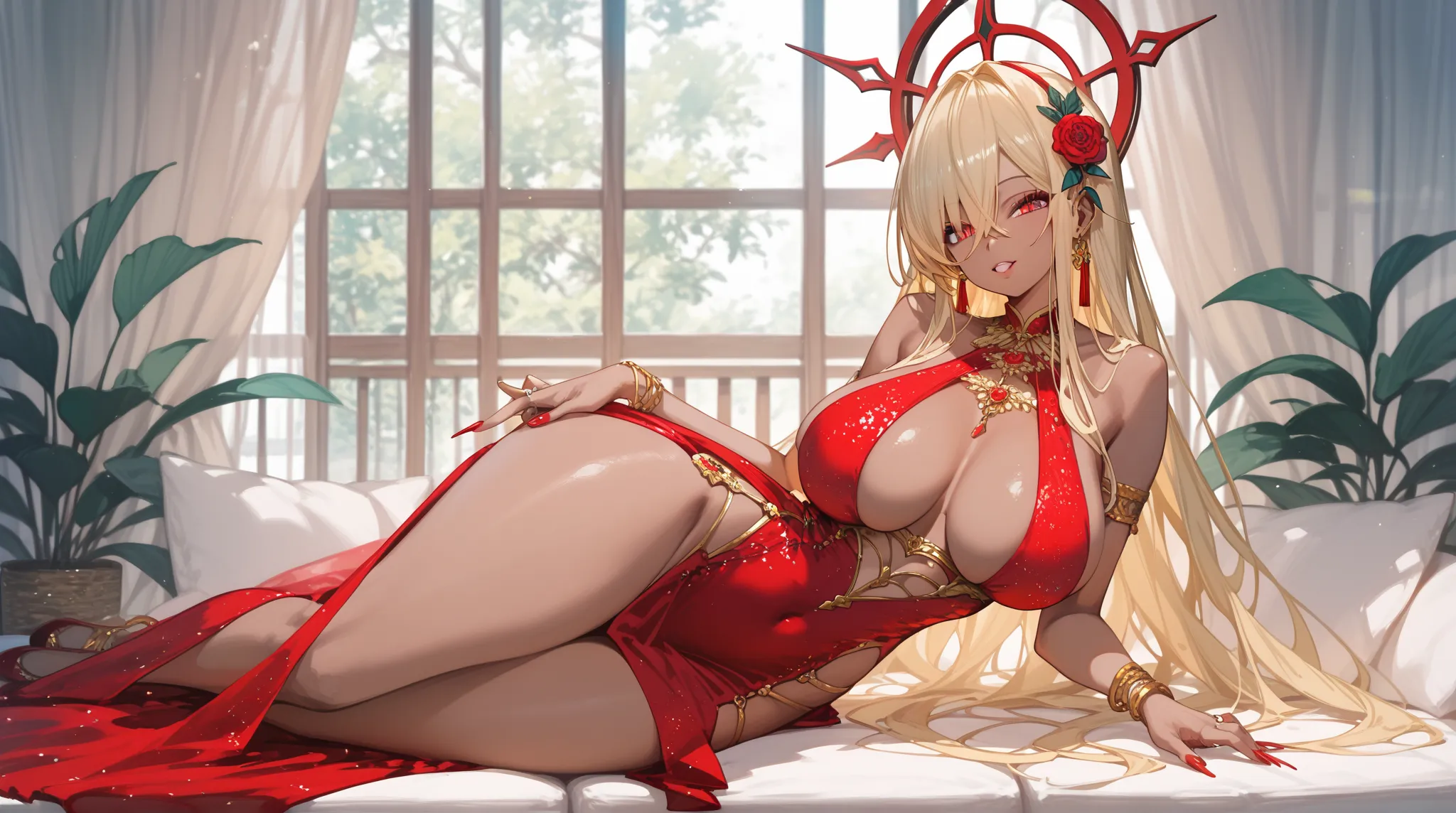 masterpiece,best quality,great quality,abusseur dress, hidden hair、gal、gold hair、brown skin、very big breasts、Big Breasts、超Big Breasts、太い太腿、Very thick thighs、Red long nails、Dress with a slit、ecstasy