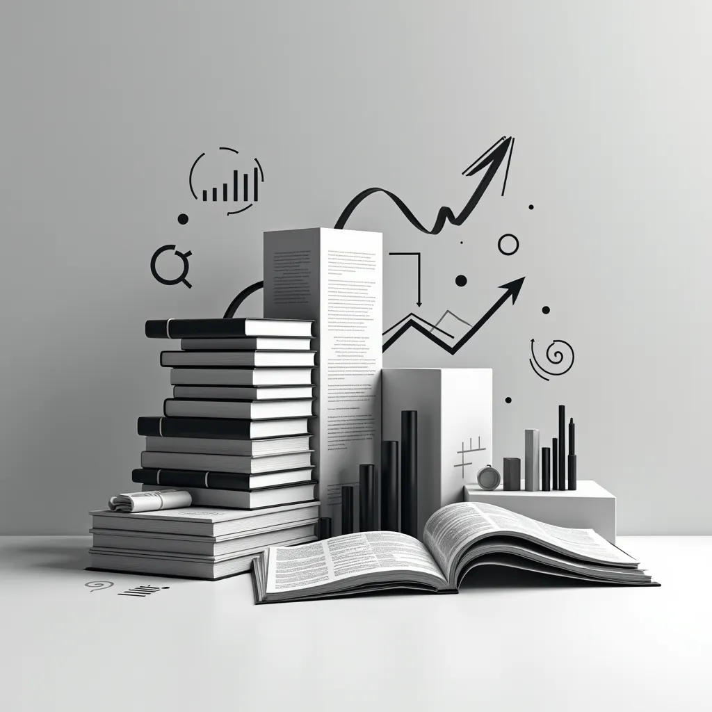 A minimalist black-and-white composition of business and analytical elements: stacked books, open newspapers, charts, graphs, arrows, and abstract lines, symbolic of expert opinions and market analysis, modern and professional design, high contrast, clean ...