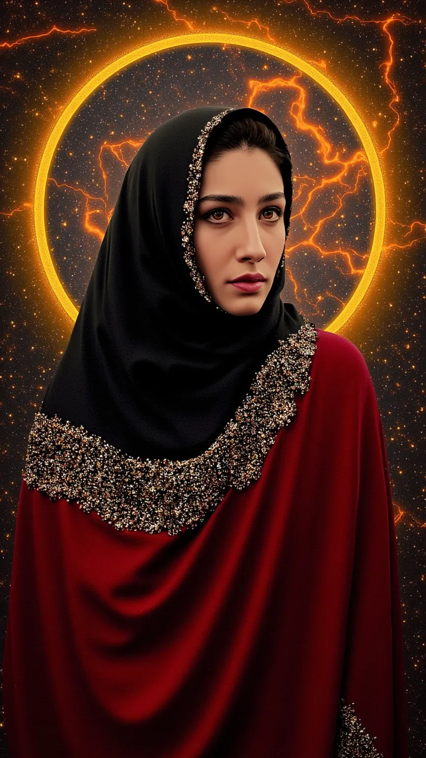 **"Celestial Warda of the Sands"** — A luminous queen of sun-forged grace, draped in an **abaya of black nebula silk**, edged with **constellations spun from Hijazi gold**. **Eyes aflame with molten amber**, pupils spiraling sacred *Surah An-Nur* script, l...