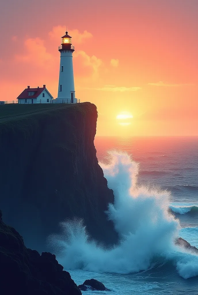 The cover features an image of the lighthouse on top of a cliff, camera with waves crashing around him. A clear sky in shades of orange and pink symbolizes a new dawn, shines with the light of dawn, evoking the promise of a new beginning. 