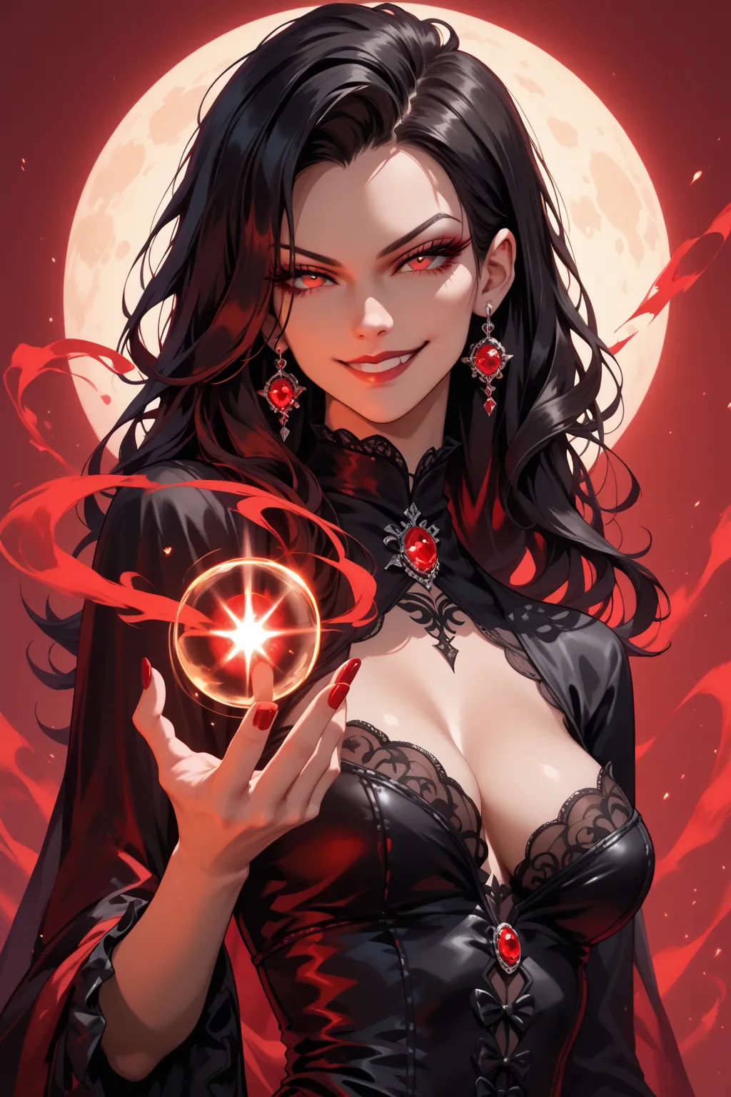 Hires, Long jet black hair, red crimson eyes, black gothic dress, powerful. Hot. Sexy woman. Smirk. Holding Dark red magic. 