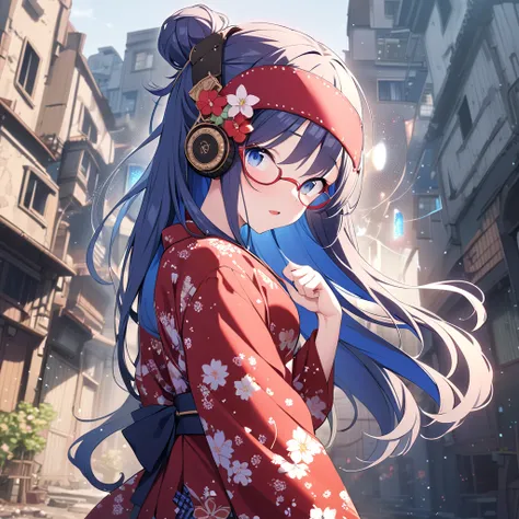 (masterpiece, high resolution:1.5), (8K, perfect anatomy, golden ratio, professional photography, pointillism:1.4), (realistic:0.5), (walking through ruined city:1.5), (solo Japanese idol, red yukata with floral pattern, wearing red glasses:1.5), (very com...