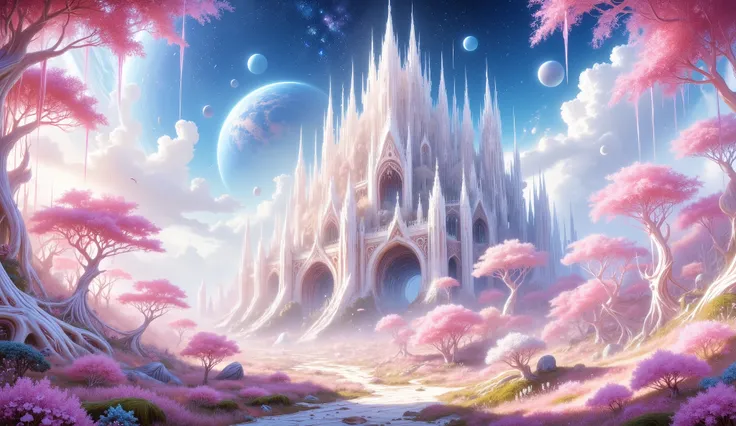 masterpiece, a beautiful bright white castle, a large cherry blossom forest, a lot of clouds everywhere, a planet in the sky and stars, un castillo muy Detailed, beautiful cherry blossom forest of stunning color, clouds all over the landscape, a beautiful...