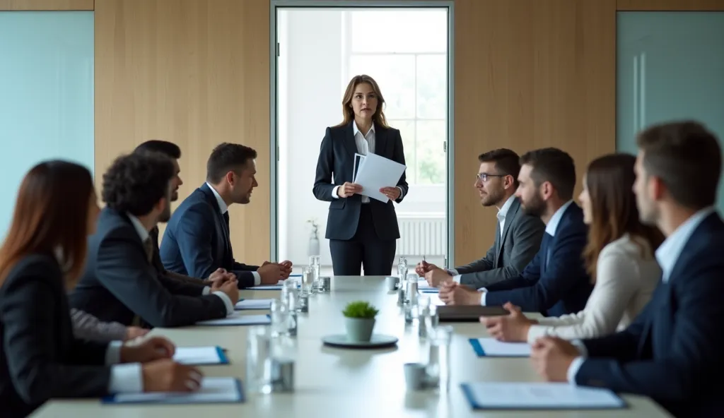 A formal business meeting is taking place in a well-lit conference room. All the workers, dressed in professional attire, are seated around a long table, attentively listening to a man standing by the desk. He appears to be leading the discussion, speaking...