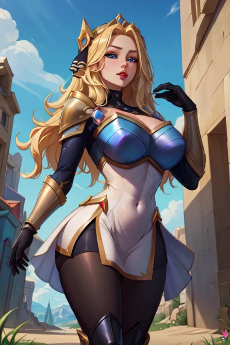 (masterpiece, best quality, absurdres, 4k, aesthetic, detailed, intricate),1girl,nikkecrwn,tiara, hair ribbon, blonde hair, hair
Lux from League of Legends, short dress, armored dress, (black pantyhose), thigh boots, gloves








