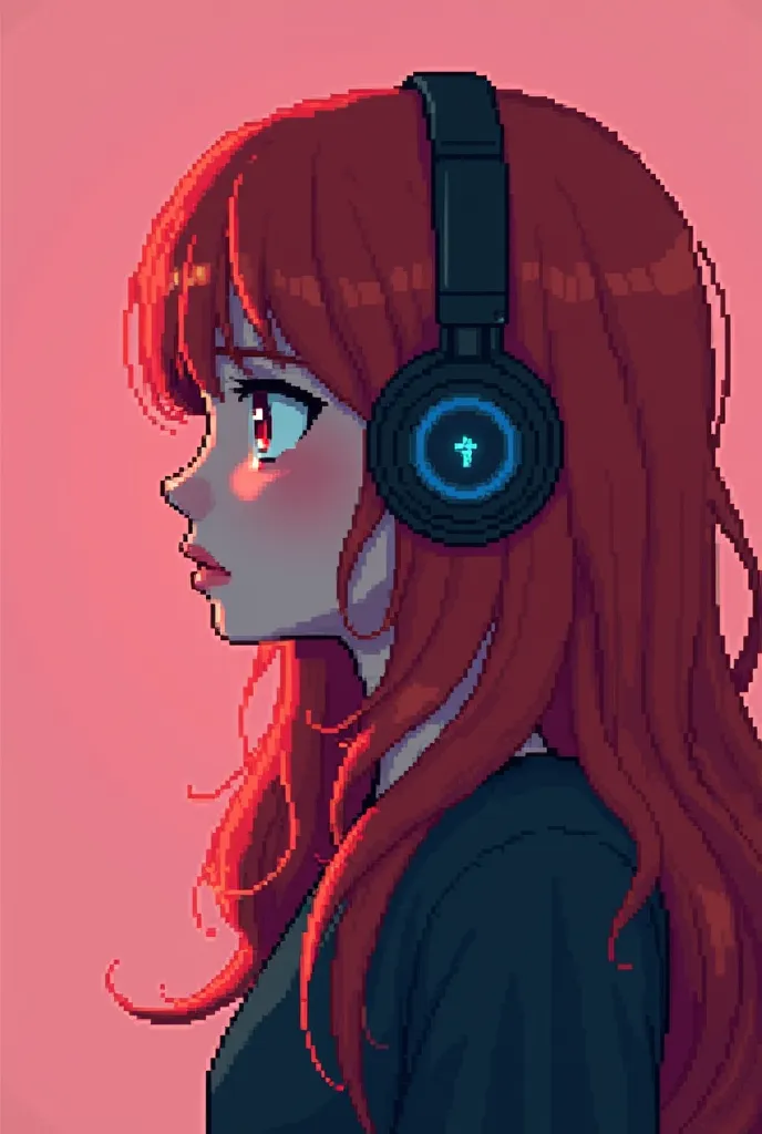 Maybe you'll embarrass me a pixel art profile photo of a girl with a voice from head to chest with long red hair waving with bangs she wears headphones over her ears what yours with one of the hands and her eyes her close but tears flow from her eyes and s...