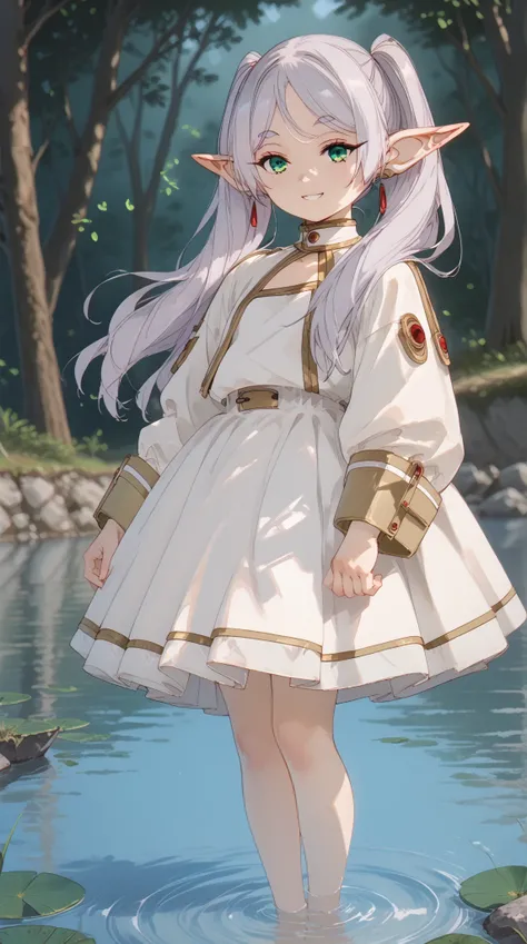 (frieren, long hair, twintails, green eyes, grey hair, pointy ears, elf, small breasts),
, adorned in elaborate robes woven with intricate mystical symbols, floating mid lake, semi naked, full body,enchanted forest, depth of field, confident smile, solo, 1...