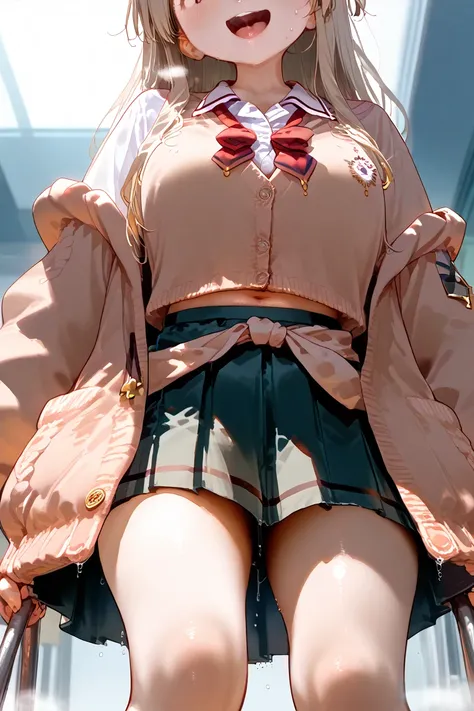  high school student,gal, long hair,  Gold,chafing breasts,teeth and laugh, smiles, red eyes,droopy eyes, is laughing, school uniform,Oversized,Skirt, thighs,knee-high,belly button,Wrap a cardigan around your waist,sweat,is wet,High Resolution, masterpiece...