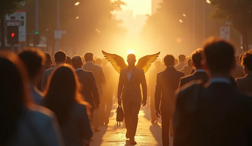 A crowd walking down a busy street, but a prominent person shines with a golden aura, symbolizing one "terrestrial angel" in the midst of the others. The contrast between the everyday and the spiritual is evident.