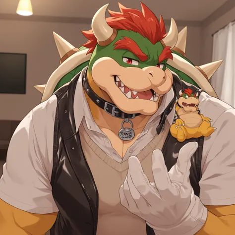 High Quality, Male, Bowser, Anthro(Bowser),Chubby,(Black eyebrows:1.1),(Perfect eyes),Smooth Skin，（artist:Takemoto Arashi），Living Room background，claw，（Sweater-vest:1.3）。Wearing a Leather collar around his neck. Wearing fancy white gloves on his hands, fan...