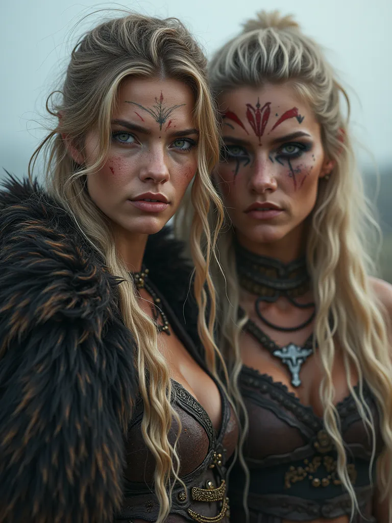 "high definition (Full HD, 8k) epic portrait: she has underwear bearing battle marks on her. The first is a long, The feeling of depth and textures is extremely pronounced. Two Viking warrior women of timeless beauty. His wavy beautiful hair is blown in th...