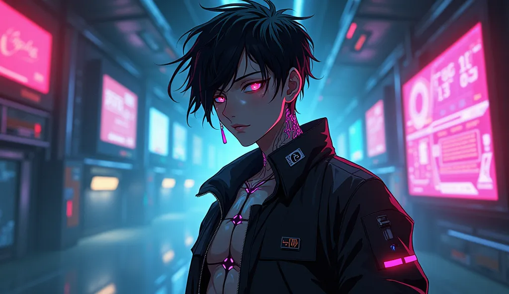 A cyberpunk hacker in anime style, standing in a dimly lit high-tech underground base filled with holograms and digital projections. The character has black messy hair with shaved neon circuit patterns on the sides, glowing cybernetic implants on his face ...