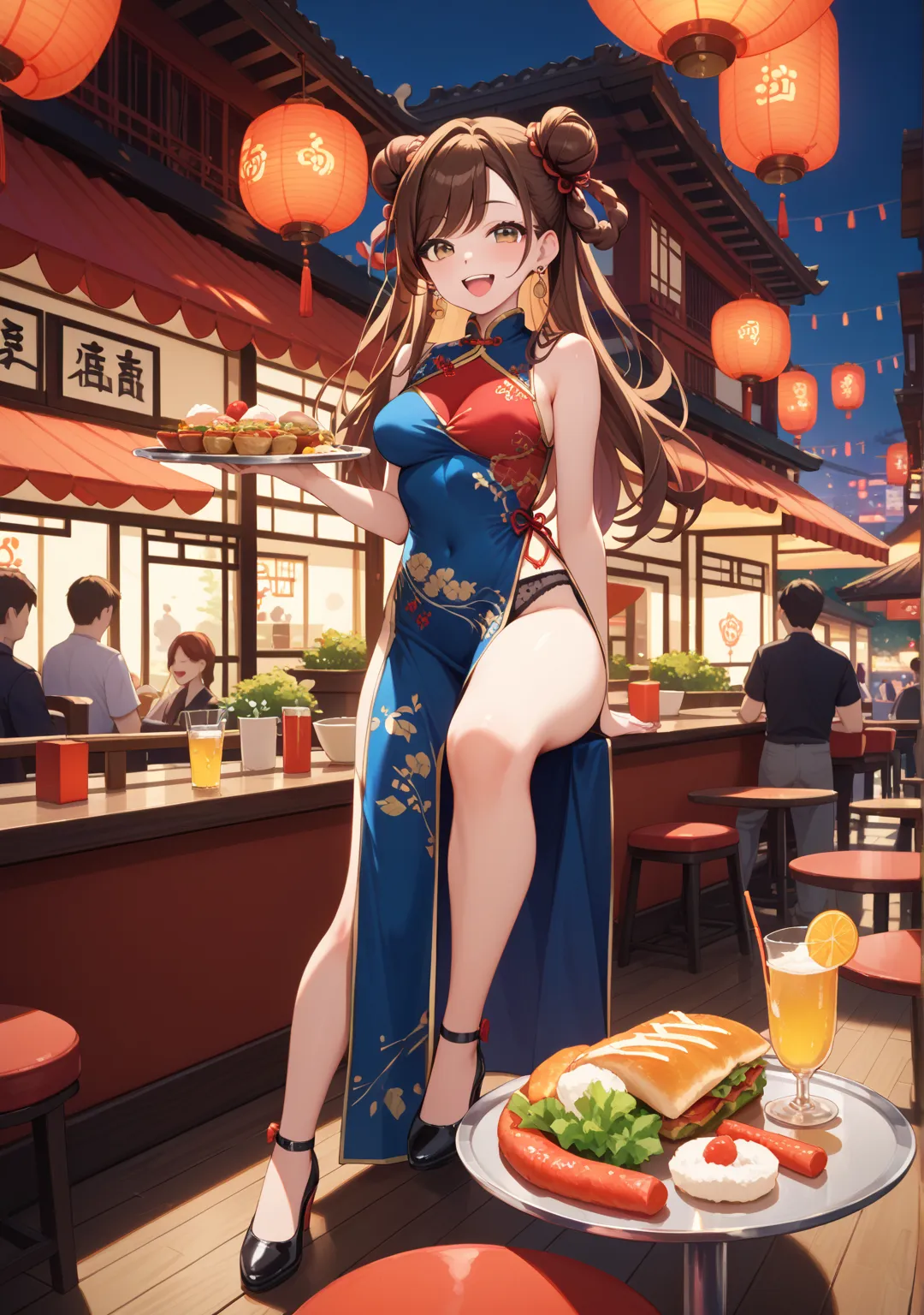 nsfw, laugh,one girl,glamorous,long hair around the chest,straight hair that can't be seen from the outside ,brown hair,{Brown Eyes},swept bangs,,black garter belt,earrings,hair rings,double bun,One breast is coming out, Chinese Restaurant,crowd,China dres...