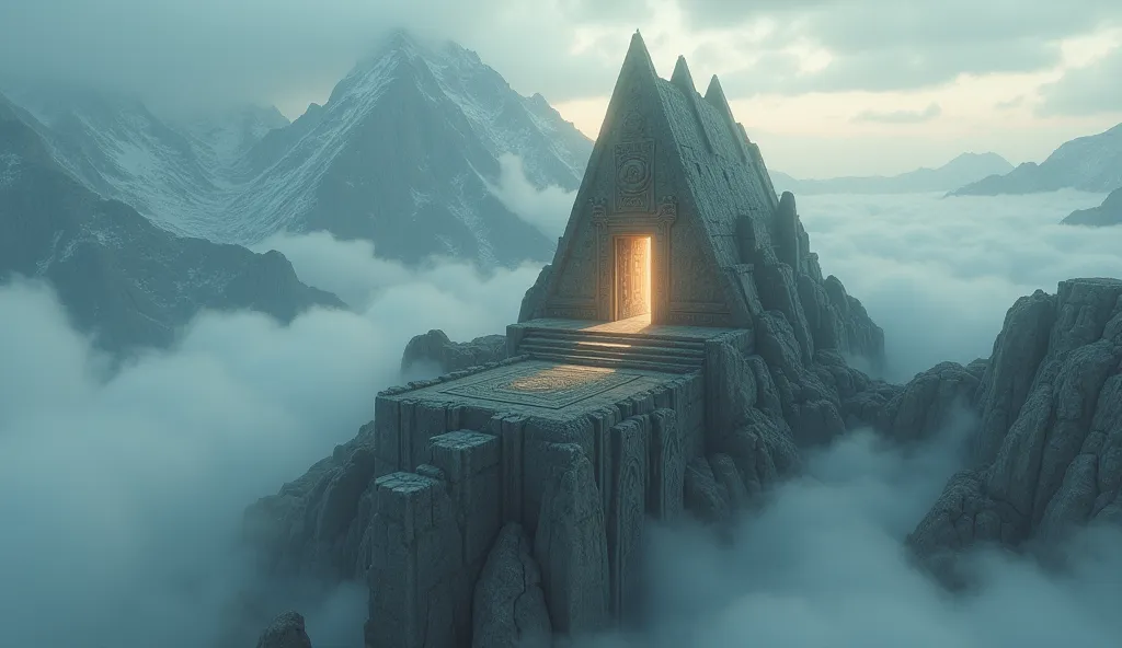 An ancient temple atop a mountain, surrounded by clouds. The place exudes mystery and sacredness, with symbols carved on the walls and a large half-open door revealing an intense light.