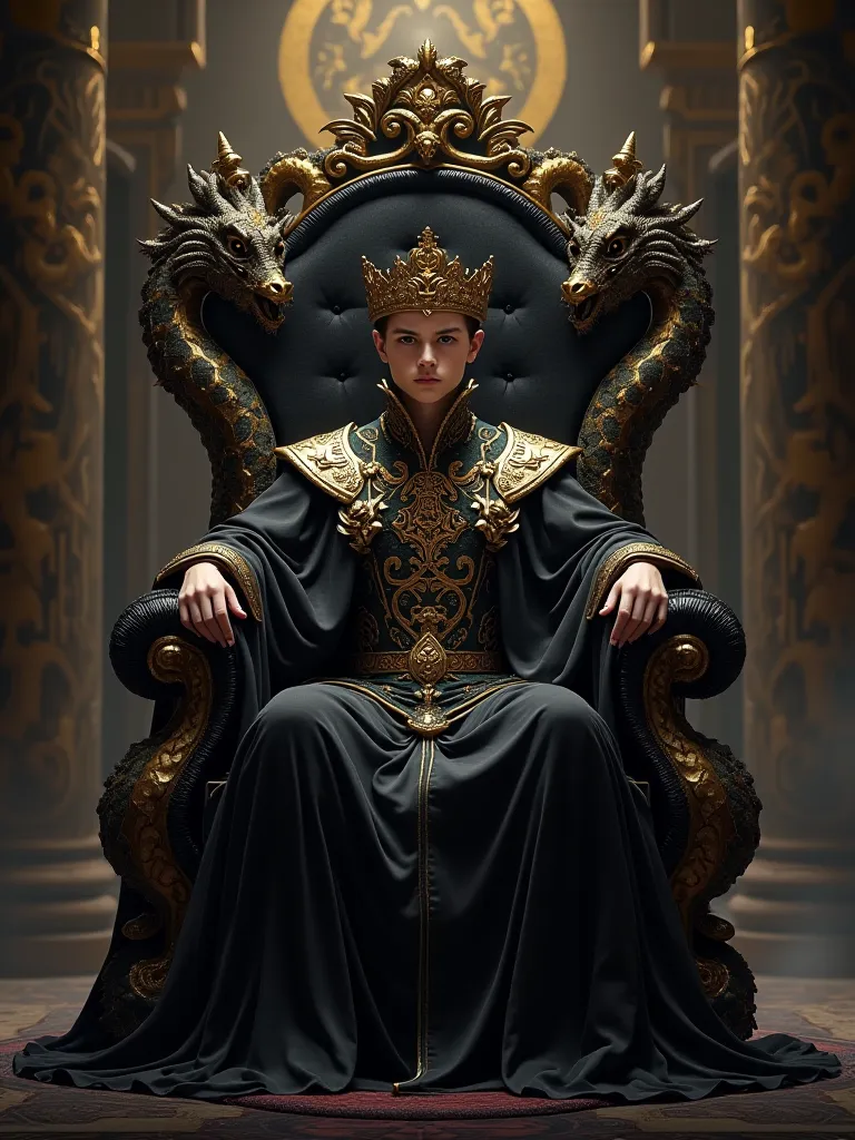 A young king seated on a black throne made of gold, with snake-dragon elements and design, intricate details