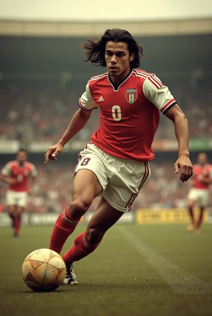 Create a nostalgic-style football image of a young Radamel Falcao in a River Plate jersey, playing in one of his early professional matches, with a classic football stadium atmosphere.