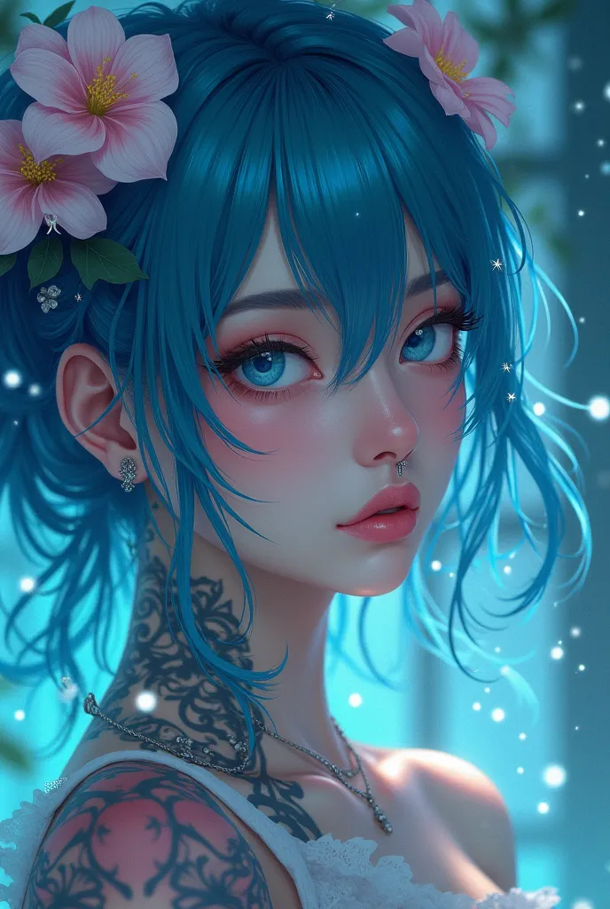 A beautiful woman with blue hair, septum piercing and tattoos that smells of a flower   , work of art, best qualityer,anime styling