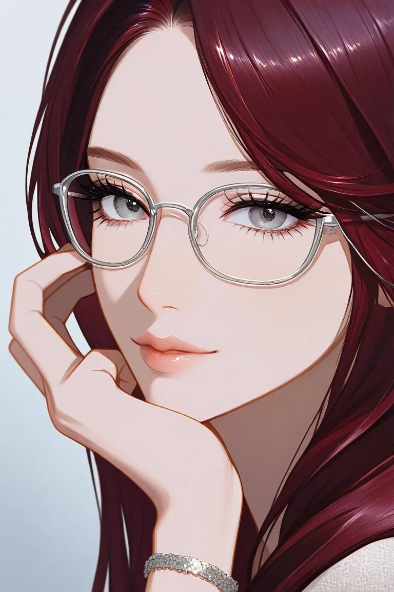 Close-up of the girl's face: her gray eyes look straight, slightly squinted, from them with long eyelashes. Dark red hair frames her triangular face, and her lips have a slight smile. There is a thin, and on her nose are silver-framed glasses. background i...