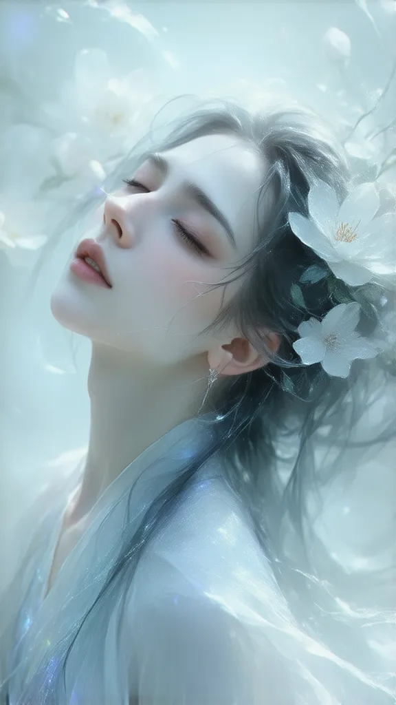 beautiful aura　amazing beauty　mysterious　Very beautiful fukai blue
Like a celestial maiden　Spirit　pretty flowers
Beautiful loose hair that goes up to the waist　Full body　A woman who looks in front of her memories is beautiful　I'm closing my eyes lovingly　E...