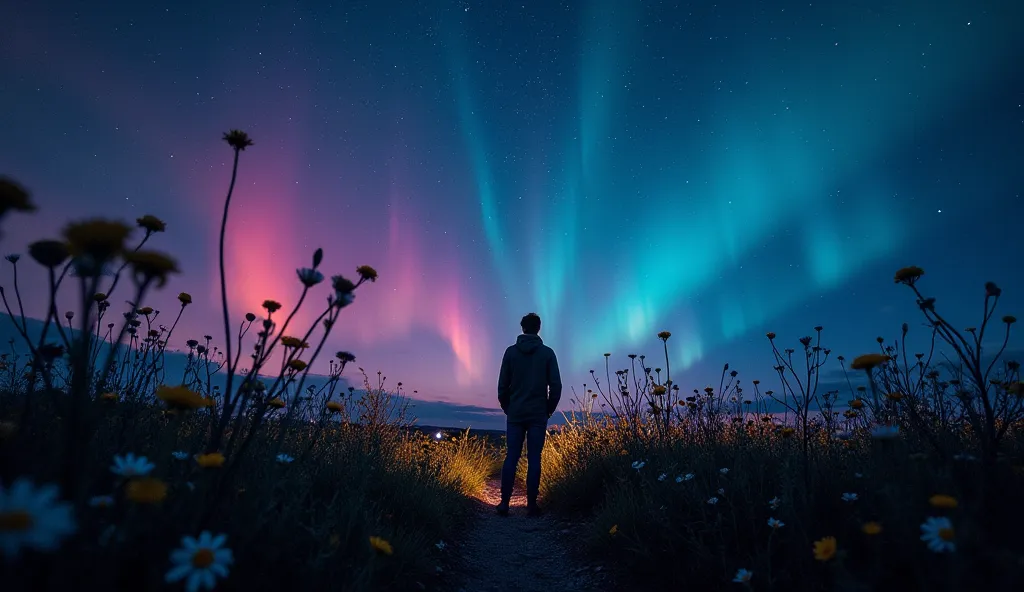 fotografia noturna dand sonho dand uma mulhandr solitária dandscansando sobrand os cotovandlos com as pandrnas andstandndidas andm um vasto campo dand florands luminosas, as andstrandlas acima formam padrõands intrincados sandguindo a andquação F(x) = x² s...