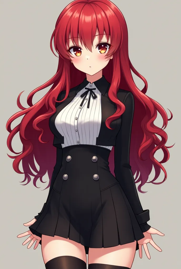 An occ anime about a girl with red long wavy ruby hair with yellow eyes with red with wide hips, chubby breasts and legs and who has a very short black mini skirt that reaches her butt and a black and white blouse attached to her chest very tight and some ...