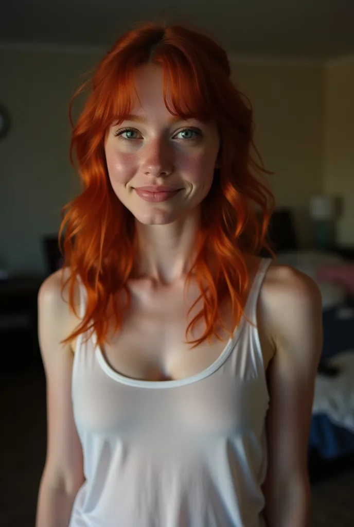 Cute redhead wearing low cut semi transparent white tank top, very cute 18 year old freshman with small perky breasts, dim lit dorm room, downblouse photo angle, no freckles, huge puffy nipples visible