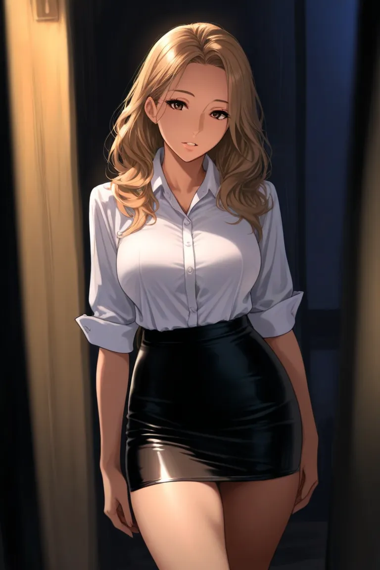 masterpiece, best quality, good quality, 1woman, 25 year old woman, black mini skirt, brown blonde hair, skirts, parted lips, button down shirt, breasts,  solo, standing, tight clothes, tight skirt, dark, white button down shirt, brown eyes,  looking at vi...