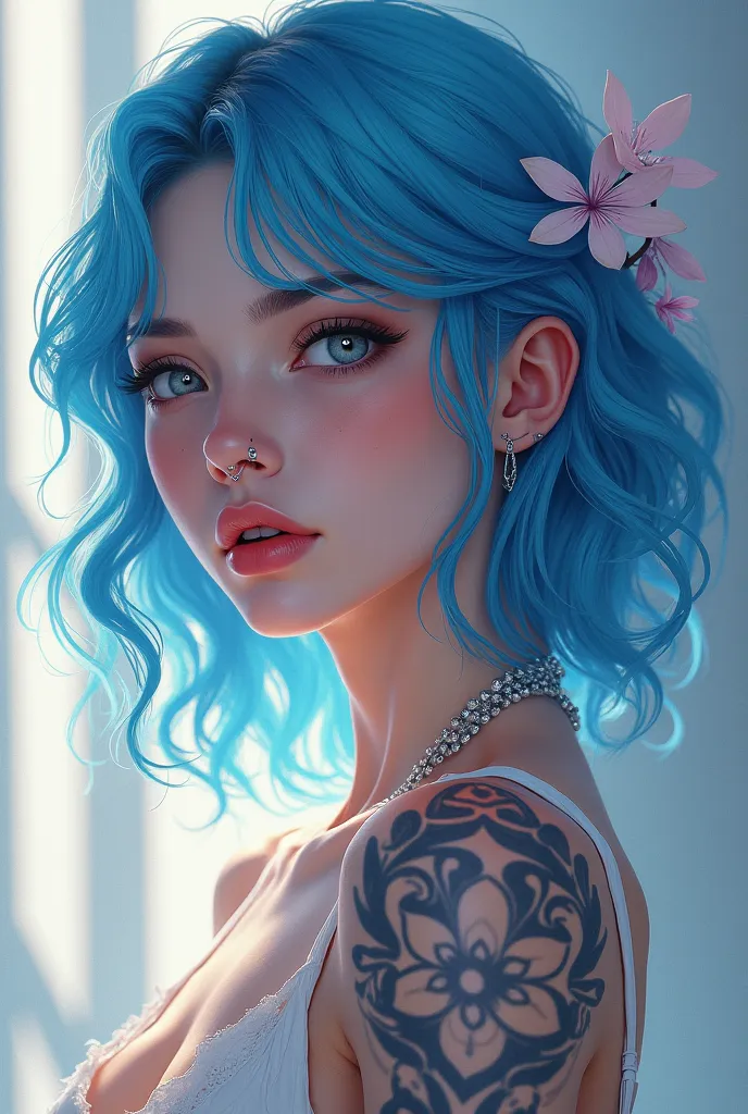 A beautiful woman with blue hair, septum piercing and tattoos that smells of a flower, work of art, best qualityer,anime styling