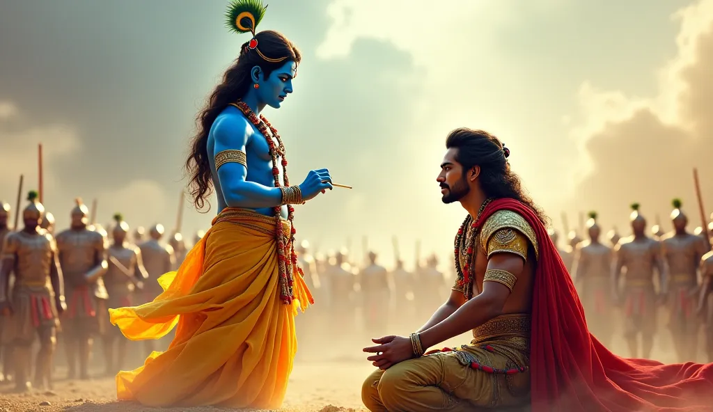 Image Generation Prompt:
"A grand digital painting depicting Lord Krishna standing in the middle of the battlefield, his divine blue form radiating an ethereal glow. He is adorned in silky yellow garments, a resplendent peacock crown on his head, and a cel...