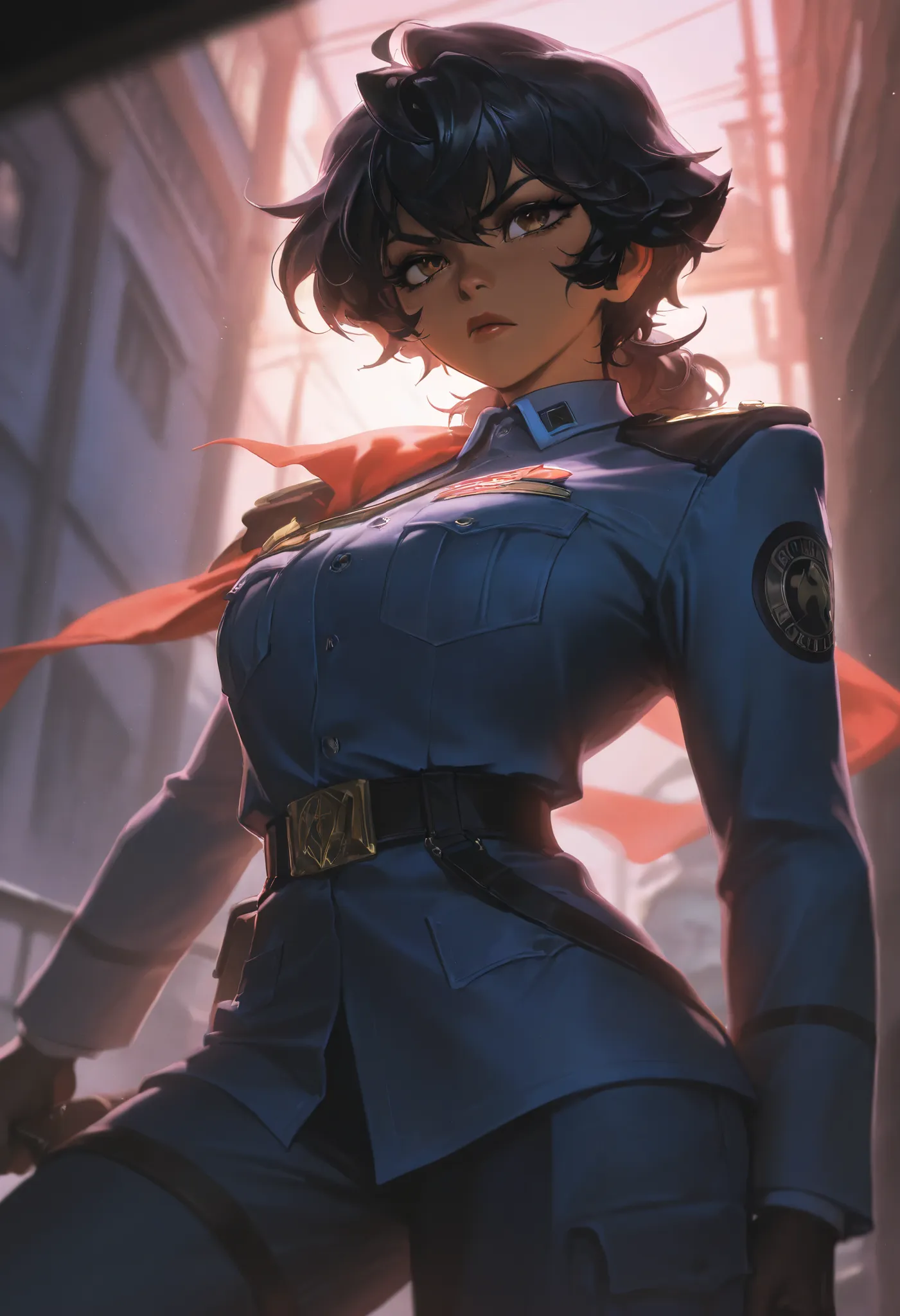 Score_9, Score_8_up, Score_7_up, Score_6_up, anthro,\(quality\), L0LSPL4SH, year2024, year2023, 1female, taller frame, dark skin, dommy mommy, medium curled hair, black hair, brown eyes, determined gaze, wearing a blue uniform, militar uniform, L0LSPL4SH, 