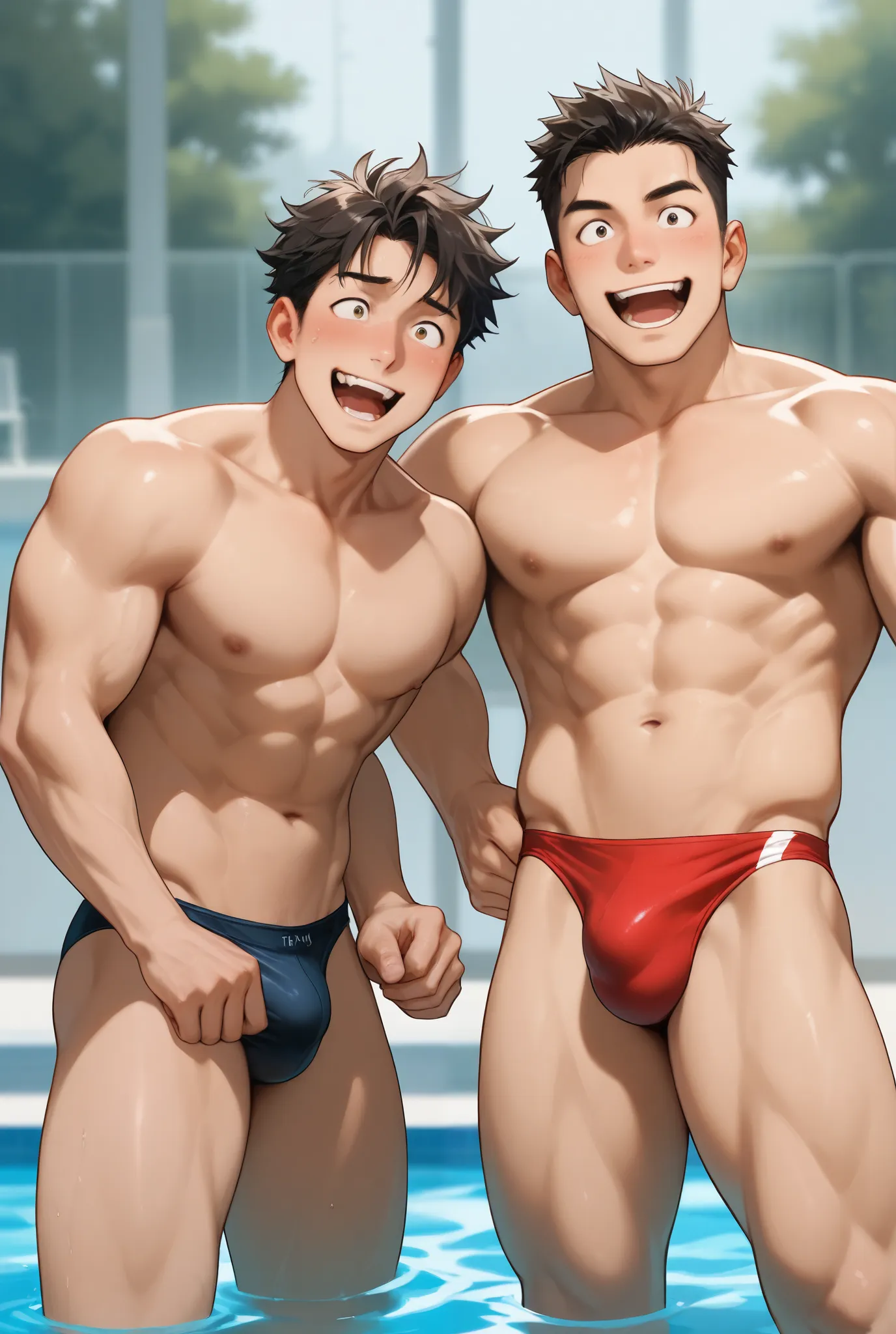 two japanese boys are standing side by side,tall,muscular,high school age,naked,excited,horny face,grinning,they are looking at a girl,on the poolside,speedo,bulge,erected,