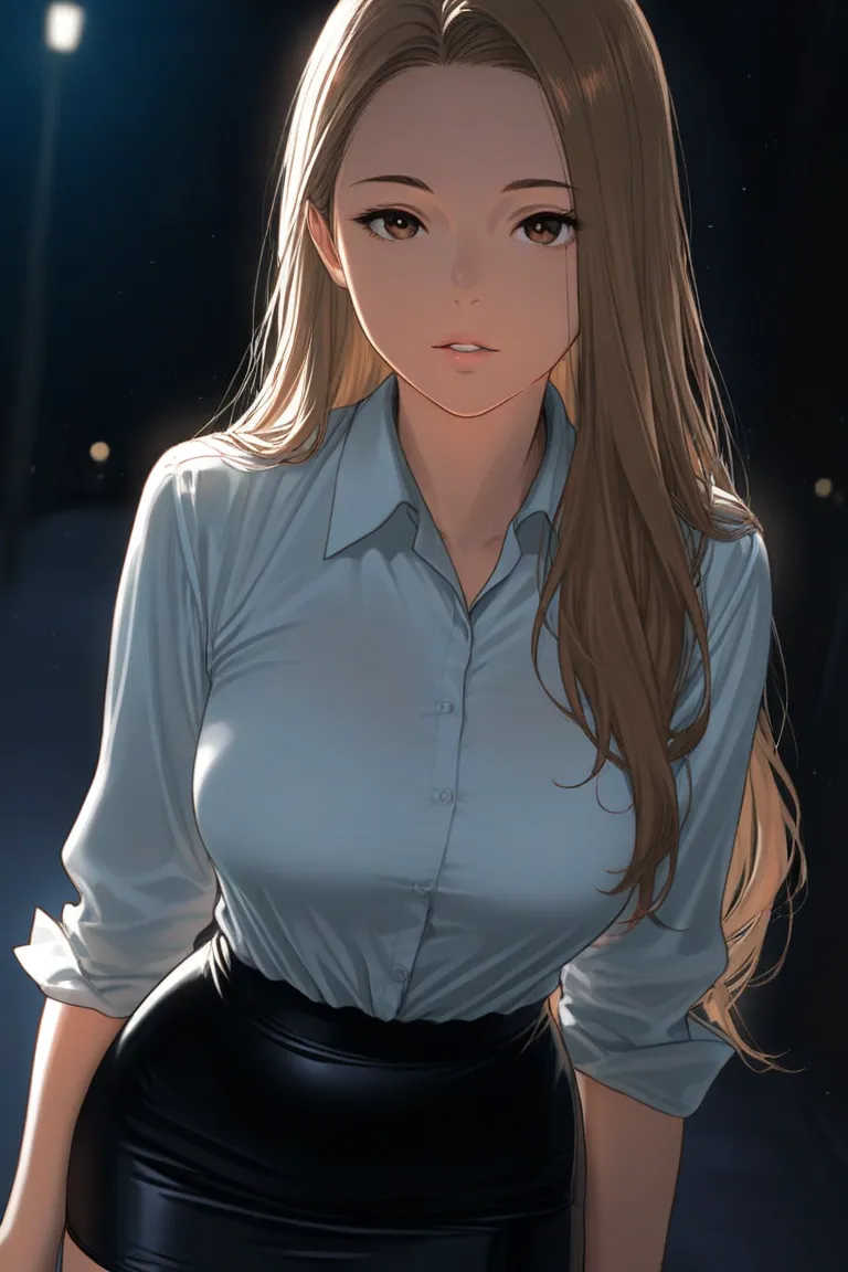 masterpiece, best quality, good quality, 1woman, 25 year old woman, black mini skirt, brown blonde hair, skirts, long hair, parted lips, button down shirt, breasts,  solo, standing, tight clothes, tight skirt, dark, white button down shirt, brown eyes,  lo...