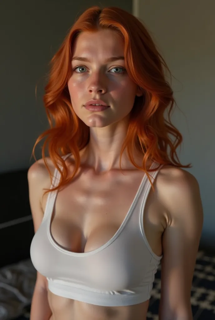 Cute redhead wearing extremely low cut semi transparent white tank top, very cute 18 year old freshman with small perky breasts, dim lit dorm room, downblouse photo angle, no freckles, huge puffy nipples visible, nsfw, nip slip, boobs showing, 