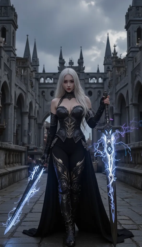 The image depicts a fantasy character, possibly a mage or dark warrior, standing in a dramatic pose.  The following is a detailed description :

1. **Appearance**:
- Character with long hair, white and pale skin, that contrasts sharply with the dark surrou...