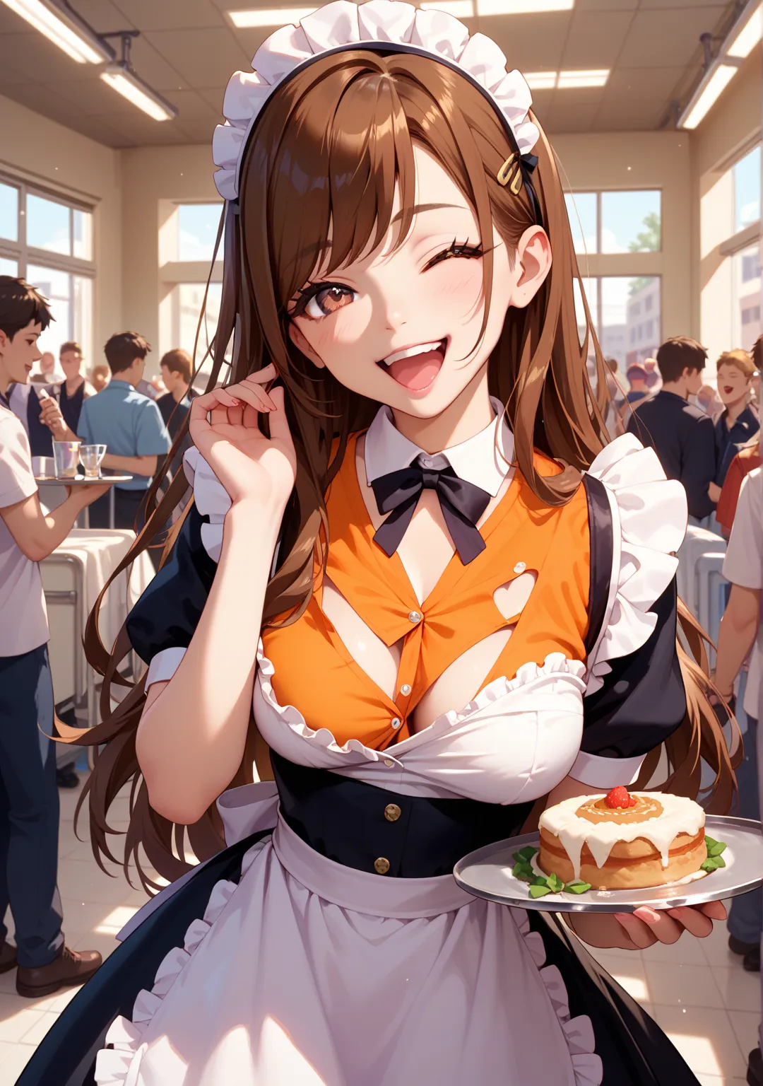 nsfw, laugh,one girl,glamorous,long hair around the chest,straight hair that can't be seen from the outside ,brown hair,{Brown Eyes},swept bangs,One breast is coming out,crowd,maid clothes,Hospital,hand on tray