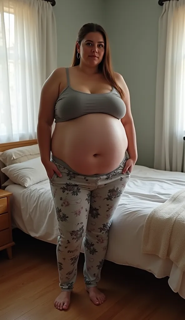 In room, high angle view, a massive ass pawg obese ((pear shape)) bbw 30-year old white european student with huge fat protruding bloated saggy belly standing near bed, brunette slickback ponytail, hoop earings, wide body, large sized huge breasts, huge th...