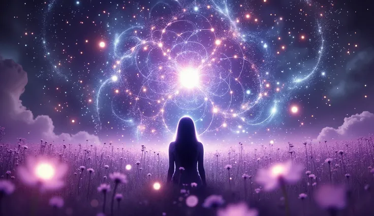 A solitary woman resting on her elbows in a glowing flower field, staring up at intricate star patterns formed by a mathematical equation, with a dreamy aurora borealis above, surreal fantasy art, ethereal atmosphere, soft ambient light, deep purple and bl...