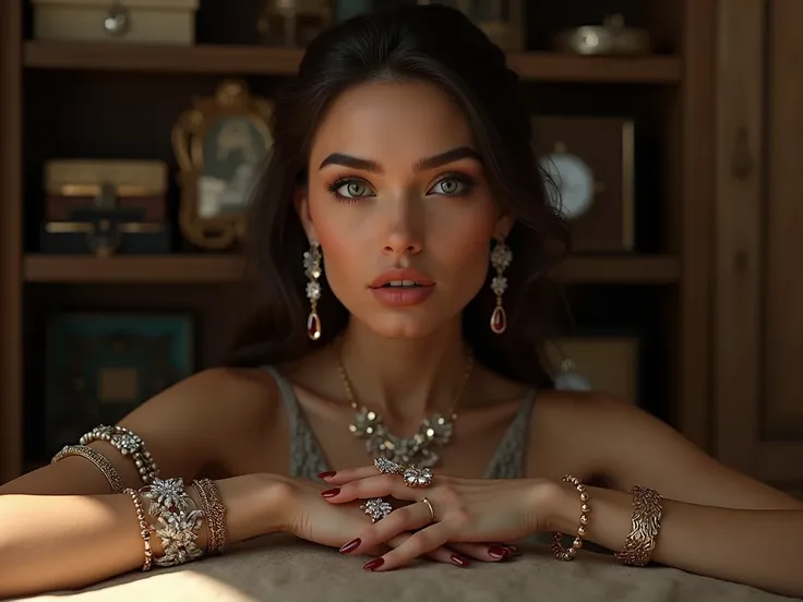 A model wearing rings and bracelets with Closet on her jewelry