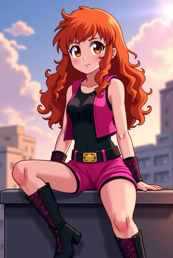 Screenshot of My Hero Academia 
Girl with curly copper and long hair without fringes 
He has large reddish brown eyes with long eyelashes and thick black eyebrows. She has a calm and tender expression, wears a black and pink heroine costume, shorts short s...