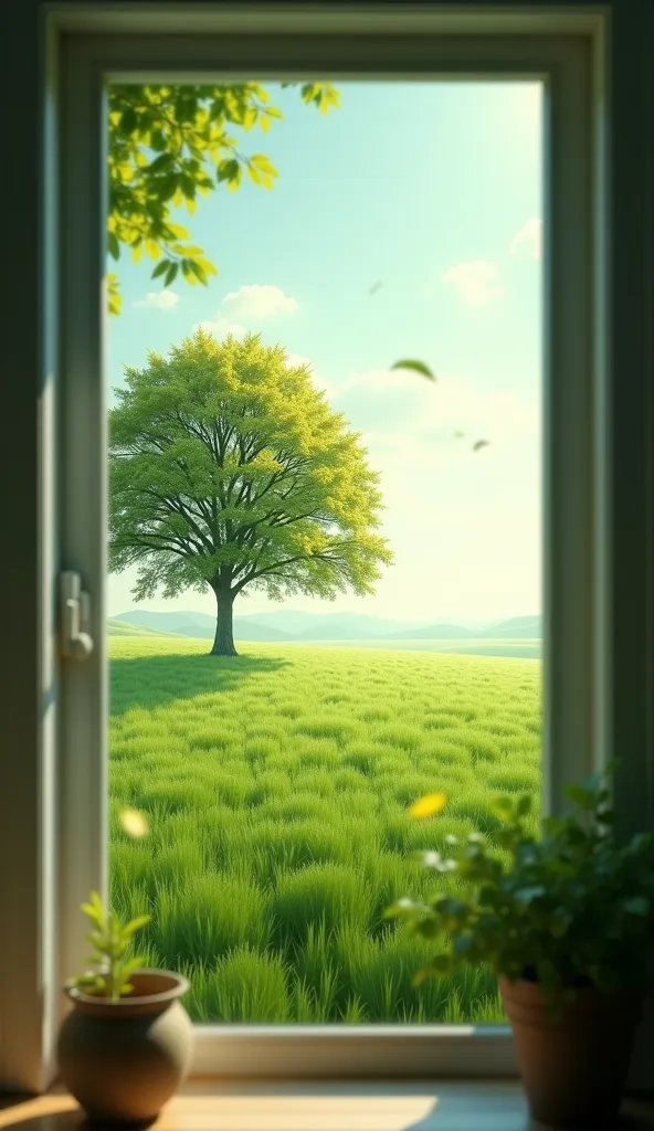 From a window of a house you can see a tree falling its green leaves on a green field without people.