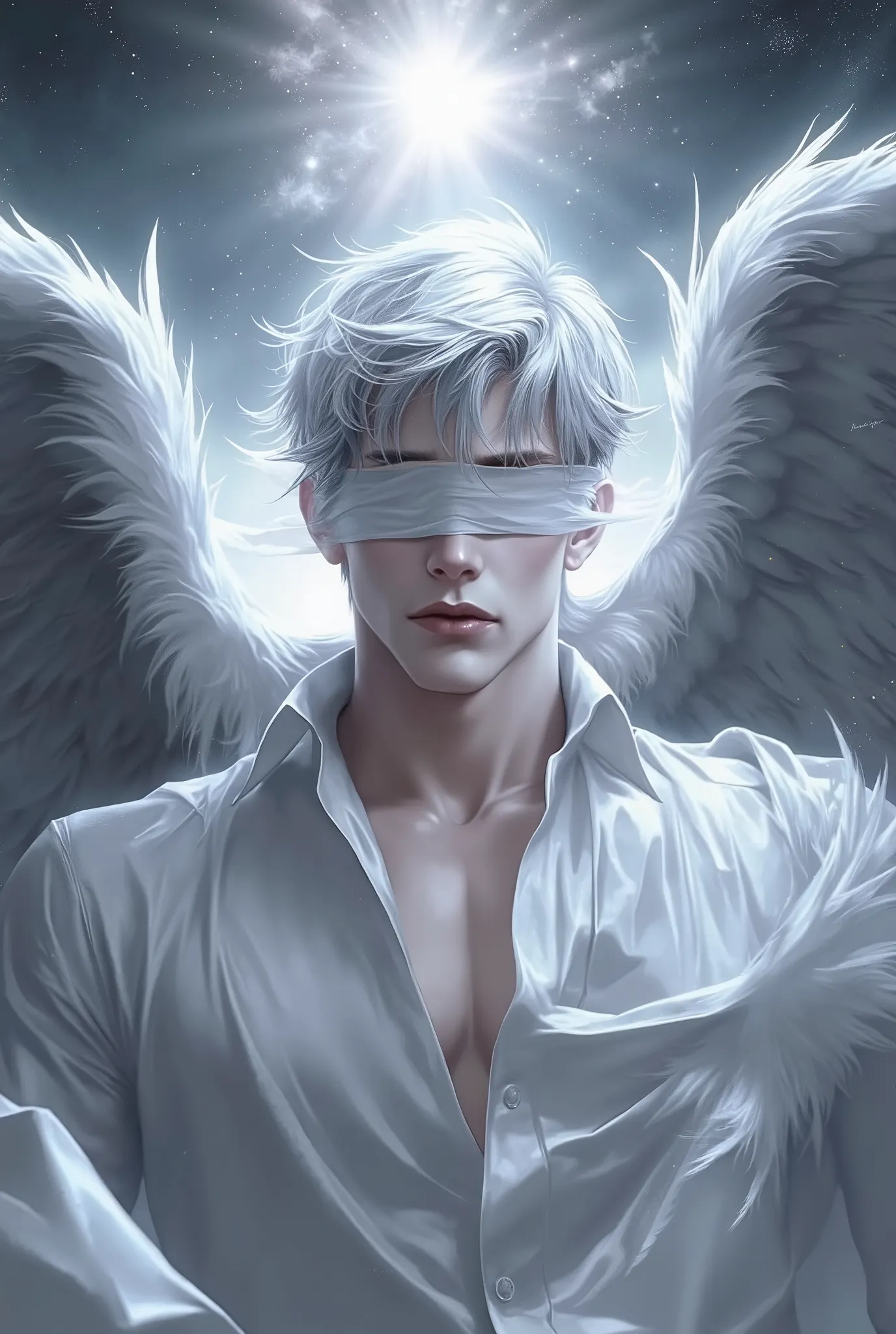 create a character who is an older adult boy, with white skin, covers his eyes with a bandage, has wings and gray hair, has an aurora on his head, wears clothes like those of the ancient gods