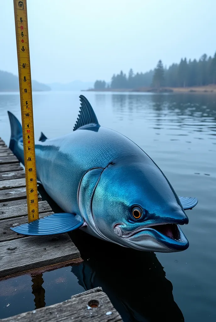 97cm blue salmon on a measuring tape near a jeti with salt water lake