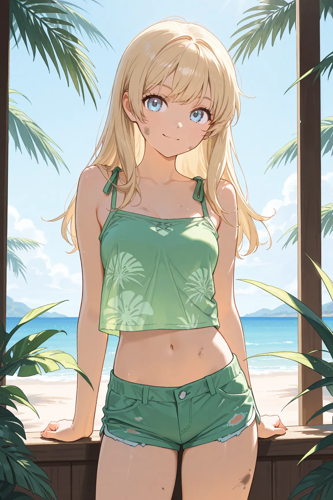 female,medium short dirty blonde hair,light blue eyes,green pattenerd midriff camisole tanktop.short shorts,in a tropical resort