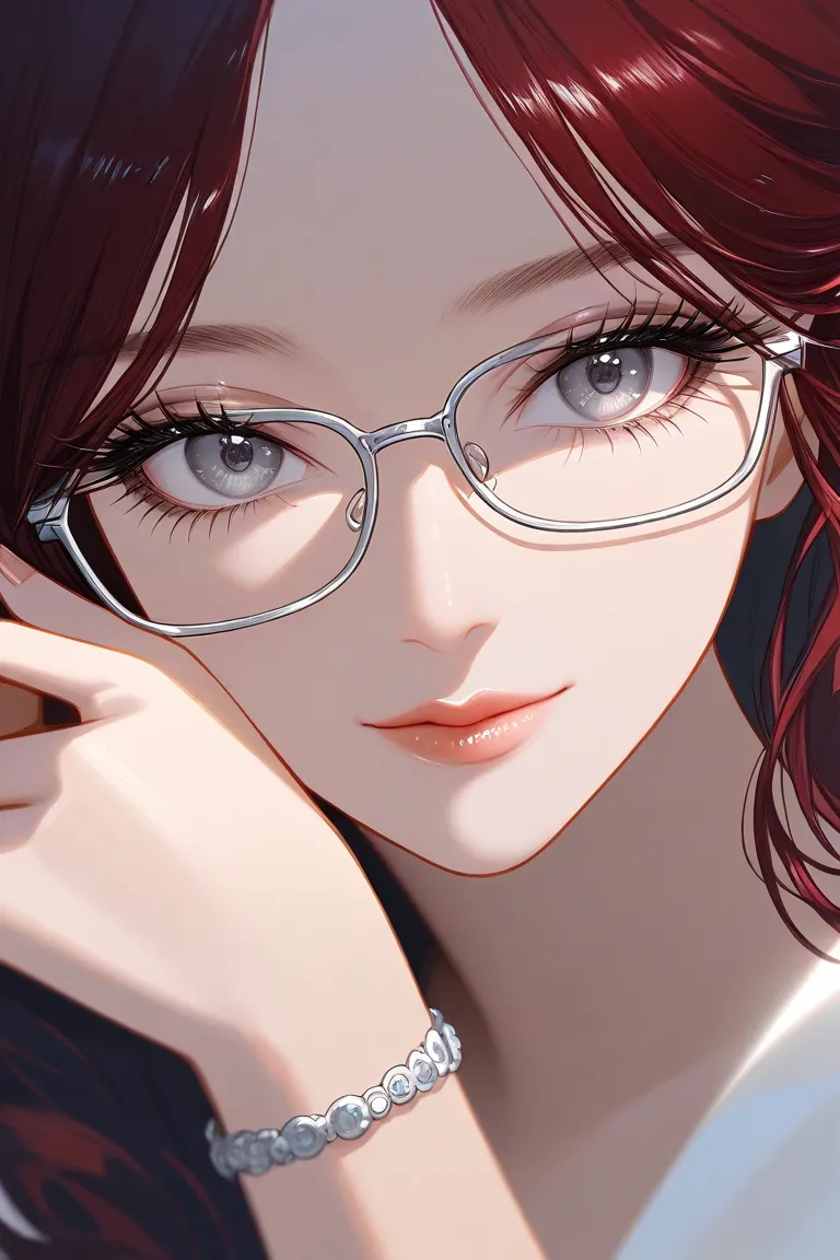 Close-up of the girl's face: her gray eyes look straight, slightly squinted, from them with long eyelashes. Dark red hair frames her triangular face, and her lips have a slight smile. There is a thin, and on her nose are silver-framed glasses. background i...