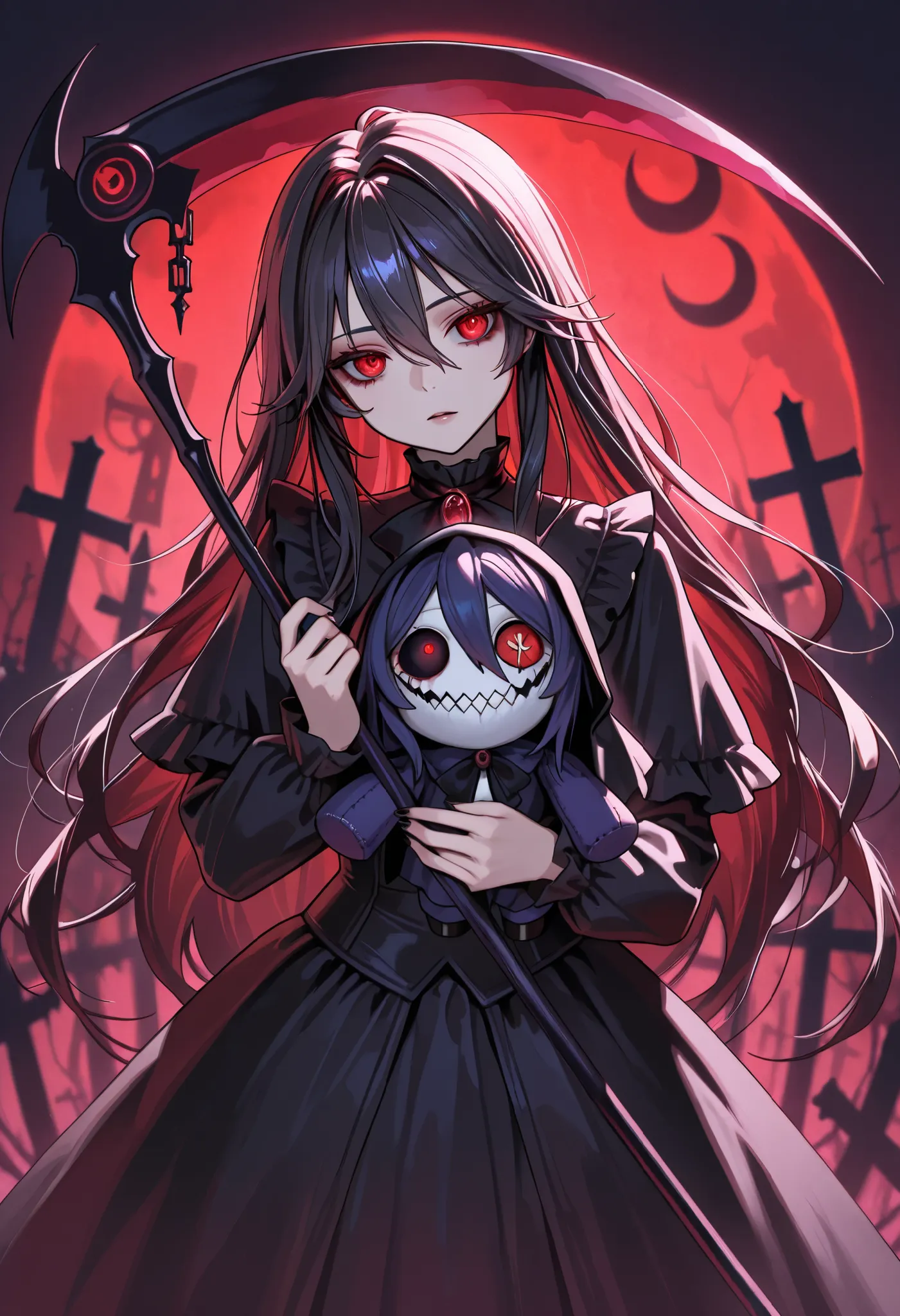 a girl in Victorian goth fashion, holding a creepy Plush Toy, midnight graveyard, a crescent moon like the scythe of the grim reaper, best quality, top quality, 8k, high resolution, ultra-detailed, extremely detailed,  