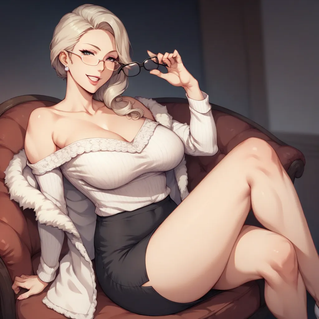 Mature female, elegant glasses, long shiny hair. Tight blouse, pencil skirt, sharp seductive gaze. Thin smile, soft voice, aura onee-san overpower. Sitting relaxed, legs crossed, hands pushing glasses, white blouse slightly tight with thin slits, combined ...