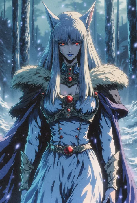 woman, fair skin, blue lips, long white hair, white wolf ears, red eyes, white military uniform with a white coat with black and white fur, full body, exposed cleavage, imposing face, sarcastic smile, in the snow