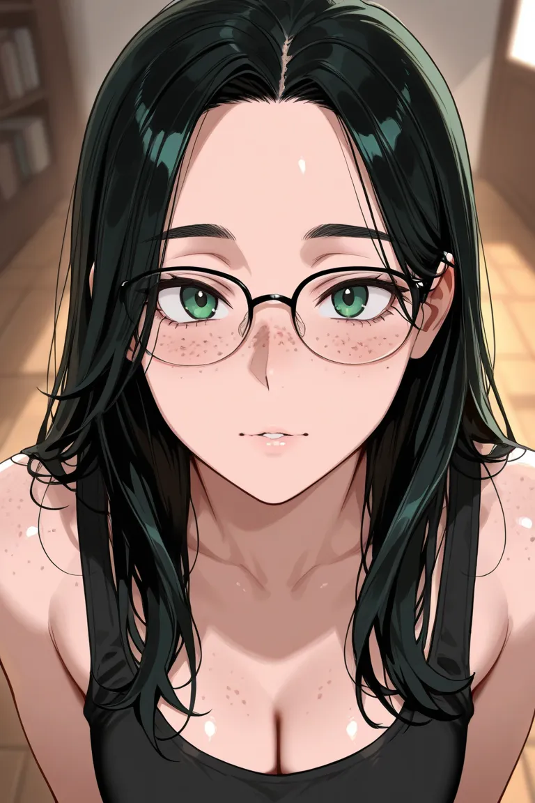 Create a tired looking, attractive man with green eyes, long black hair, freckles, glasses