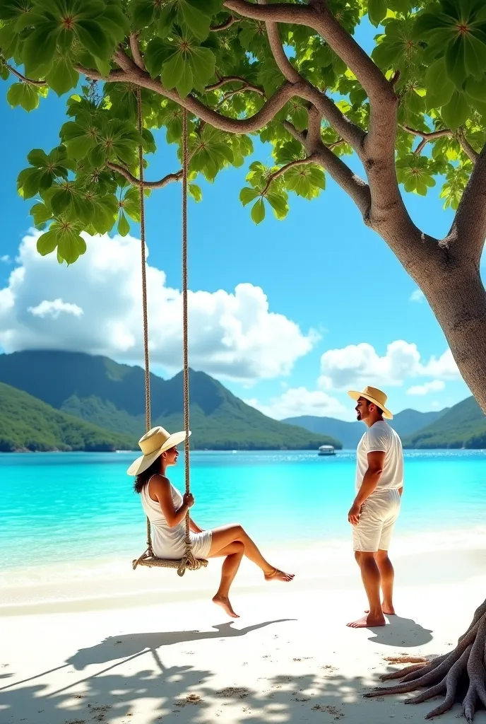 "A hyper-realistic tropical beach scene with crystal-clear turquoise waters gently touching the soft white sand. A large, sprawling tree with vibrant green leaves provides shade, its thick branches extending over the shoreline. A woman, dressed in a light ...